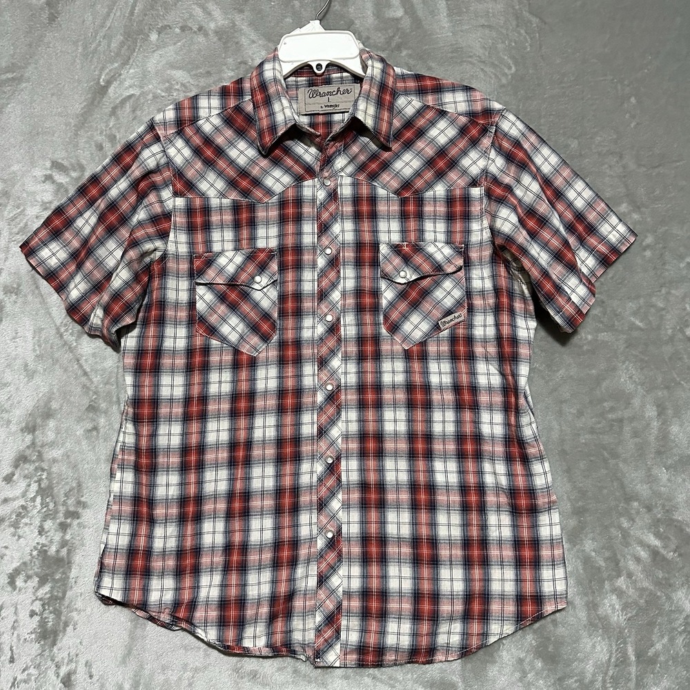 Wrangler Wrancher Pearl Snap Plaid Shirt Mens Sz L Red Western Cowboy Outerwear